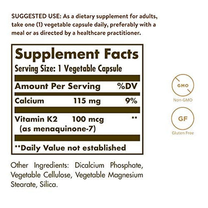 Solgar Natürliches Vitamin K2 (MK-7) 100 mcg – 50 vegane Kapseln – Unterstützt die Knochengesundheit – Nahrungsquelle aus Natto-Extrakt – Nicht-GVO, glutenfrei – 50 Portionen