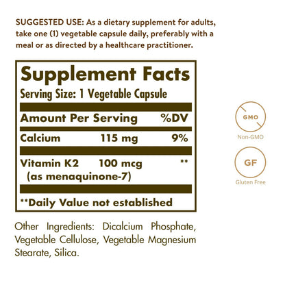 Solgar Natürliches Vitamin K2 (MK-7) 100 mcg – 50 vegane Kapseln – Unterstützt die Knochengesundheit – Nahrungsquelle aus Natto-Extrakt – Nicht-GVO, glutenfrei – 50 Portionen