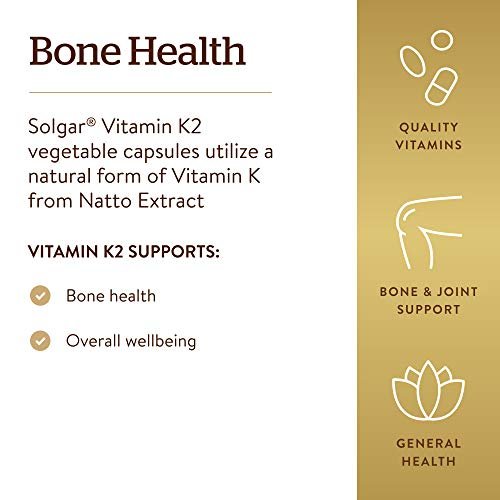 Solgar Natürliches Vitamin K2 (MK-7) 100 mcg – 50 vegane Kapseln – Unterstützt die Knochengesundheit – Nahrungsquelle aus Natto-Extrakt – Nicht-GVO, glutenfrei – 50 Portionen