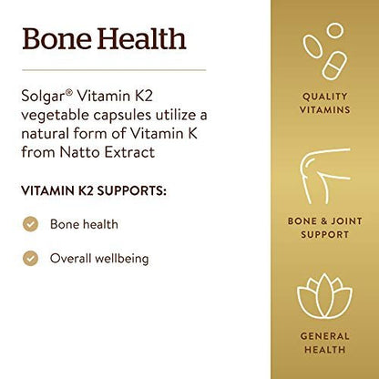 Solgar Natürliches Vitamin K2 (MK-7) 100 mcg – 50 vegane Kapseln – Unterstützt die Knochengesundheit – Nahrungsquelle aus Natto-Extrakt – Nicht-GVO, glutenfrei – 50 Portionen