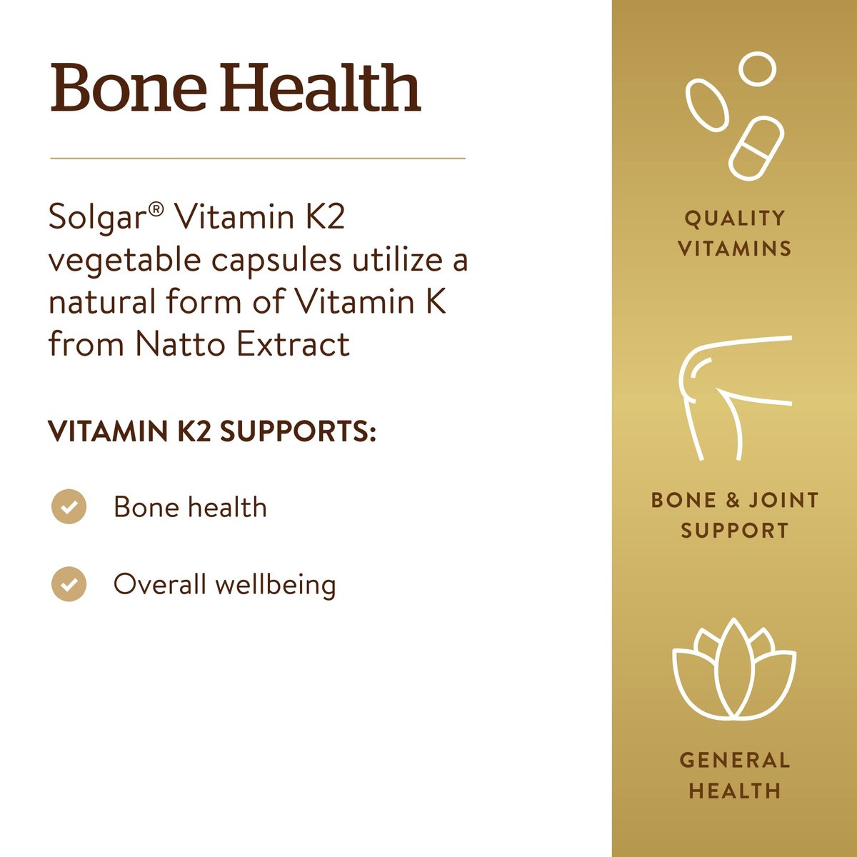 Solgar Natürliches Vitamin K2 (MK-7) 100 mcg – 50 vegane Kapseln – Unterstützt die Knochengesundheit – Nahrungsquelle aus Natto-Extrakt – Nicht-GVO, glutenfrei – 50 Portionen