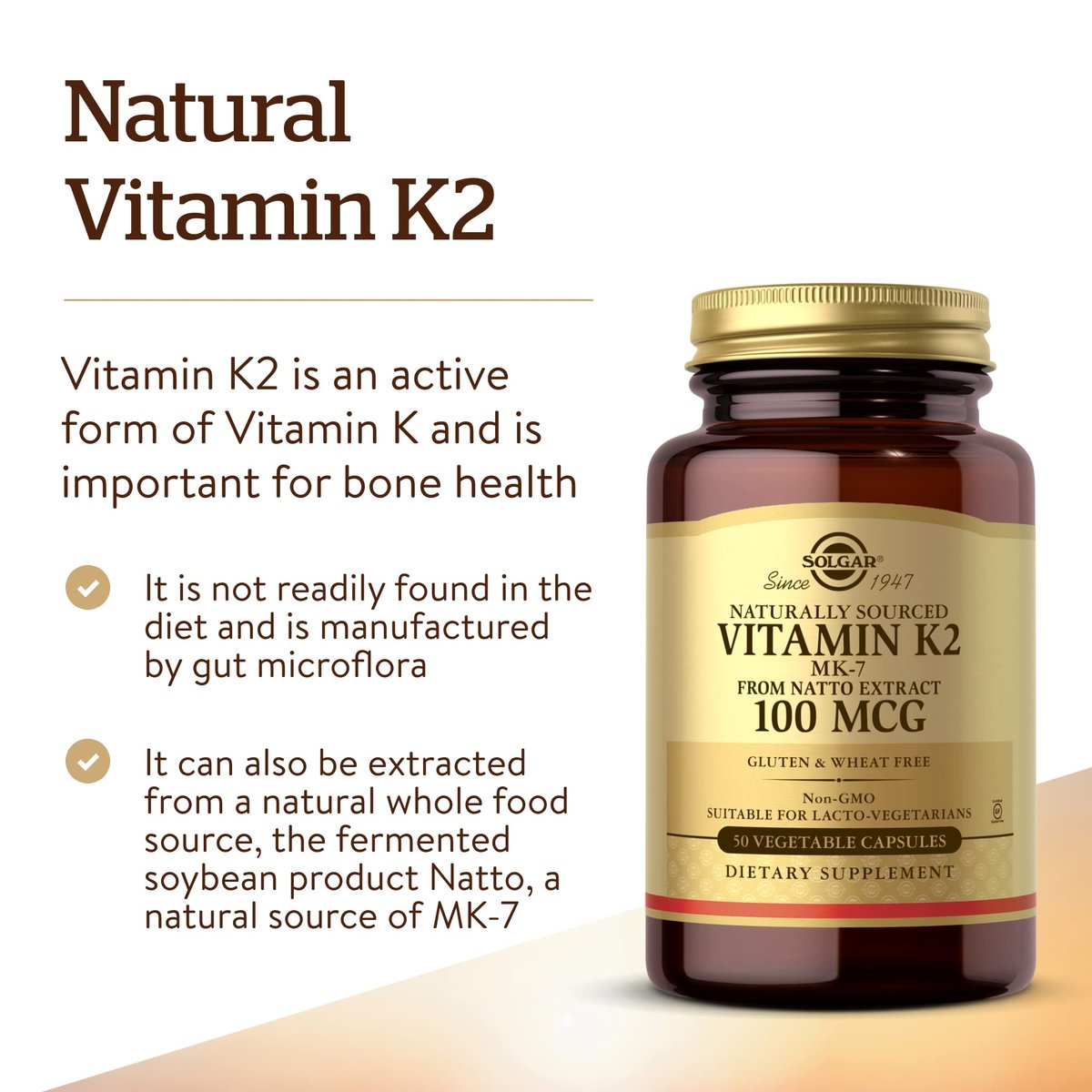 Solgar Natürliches Vitamin K2 (MK-7) 100 mcg – 50 vegane Kapseln – Unterstützt die Knochengesundheit – Nahrungsquelle aus Natto-Extrakt – Nicht-GVO, glutenfrei – 50 Portionen