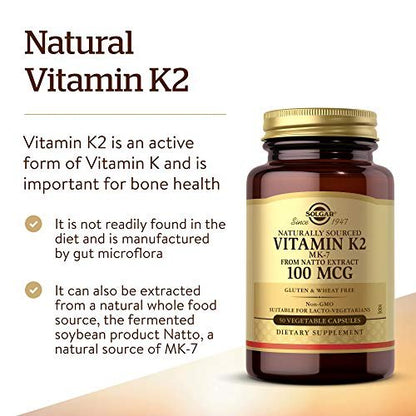 Solgar Natürliches Vitamin K2 (MK-7) 100 mcg – 50 vegane Kapseln – Unterstützt die Knochengesundheit – Nahrungsquelle aus Natto-Extrakt – Nicht-GVO, glutenfrei – 50 Portionen