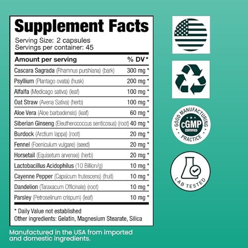 Sanar Naturals Darmreinigung | Ballaststoffe und Darmgesundheit mit Flohsamenschalen, Probiotika, Cascara Sagrada und Aloe Vera | GLP-1 Unterstützung, Verdauungswohlbefinden für Frauen und Männer, 90 Kapseln