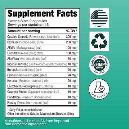 Sanar Naturals Darmreinigung | Ballaststoffe und Darmgesundheit mit Flohsamenschalen, Probiotika, Cascara Sagrada und Aloe Vera | GLP-1 Unterstützung, Verdauungswohlbefinden für Frauen und Männer, 90 Kapseln