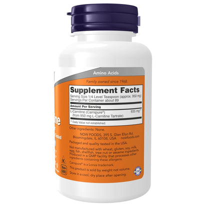 NOW Foods L-Carnitin (L-Carnitin Tartrat) reines Pulver, steigert die Zellenergie, Aminosäure, 85 g