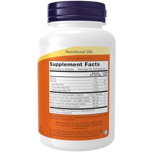 NOW Foods Omega 3-6-9 1000 mg - Mischung aus Leinsamen-, Nachtkerzen-, Raps-, schwarzen Johannisbeer- und Kürbiskernölen, 100 Weichkapseln