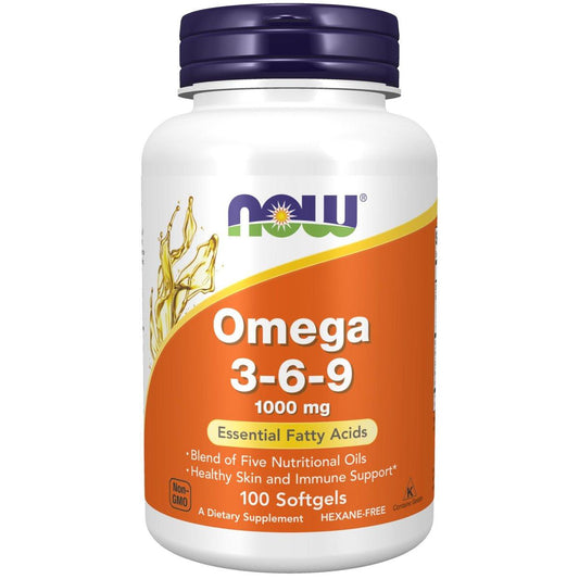 NOW Foods Omega 3-6-9 1000 mg - Mischung aus Leinsamen-, Nachtkerzen-, Raps-, schwarzen Johannisbeer- und Kürbiskernölen, 100 Weichkapseln