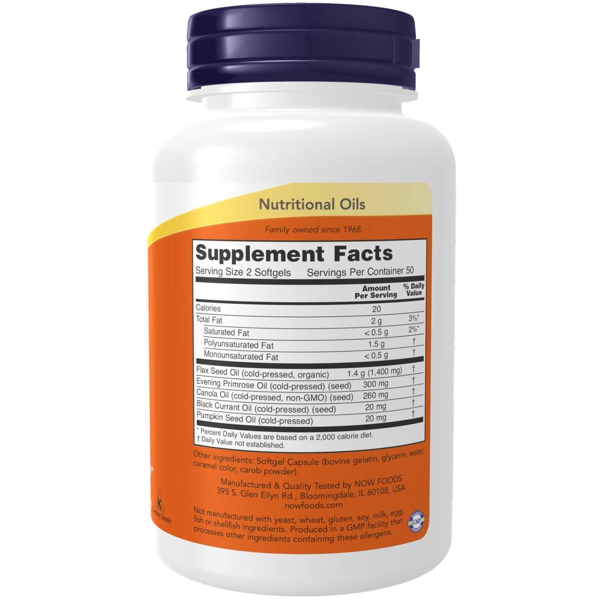NOW Foods Omega 3-6-9 1000 mg - Mischung aus Leinsamen-, Nachtkerzen-, Raps-, schwarzen Johannisbeer- und Kürbiskernölen, 100 Weichkapseln