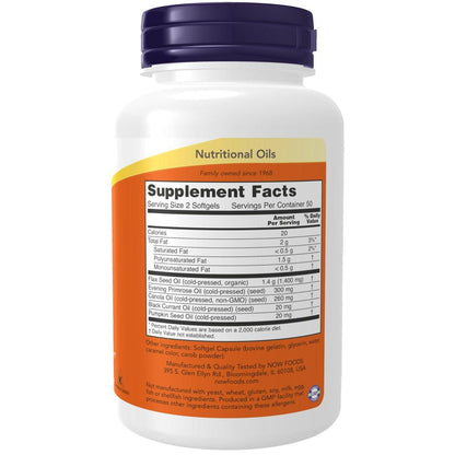 NOW Foods Omega 3-6-9 1000 mg - Mischung aus Leinsamen-, Nachtkerzen-, Raps-, schwarzen Johannisbeer- und Kürbiskernölen, 100 Weichkapseln