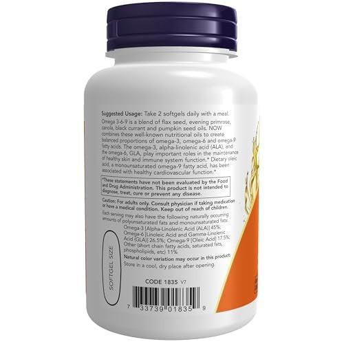 NOW Foods Omega 3-6-9 1000 mg - Mischung aus Leinsamen-, Nachtkerzen-, Raps-, schwarzen Johannisbeer- und Kürbiskernölen, 100 Weichkapseln