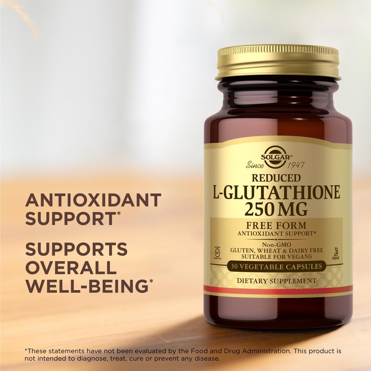 Solgar Reduziertes L-Glutathion 250 mg - 30 pflanzliche Kapseln - Antioxidative Unterstützung - Non-GMO, Vegan, Glutenfrei, Laktosefrei, Koscher - 30 Portionen