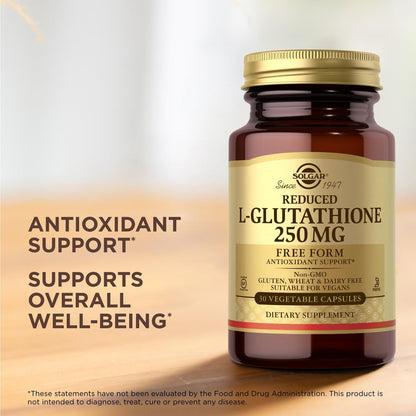 Solgar Reduziertes L-Glutathion 250 mg - 30 pflanzliche Kapseln - Antioxidative Unterstützung - Non-GMO, Vegan, Glutenfrei, Laktosefrei, Koscher - 30 Portionen