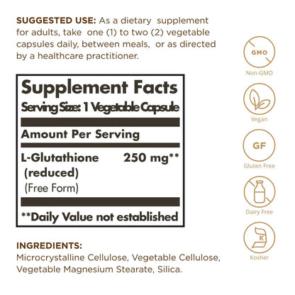 Solgar Reduziertes L-Glutathion 250 mg - 30 pflanzliche Kapseln - Antioxidative Unterstützung - Non-GMO, Vegan, Glutenfrei, Laktosefrei, Koscher - 30 Portionen