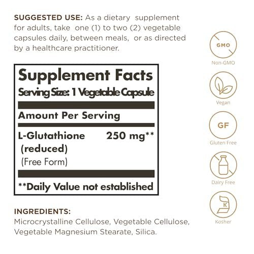 Solgar Reduziertes L-Glutathion 250 mg - 30 pflanzliche Kapseln - Antioxidative Unterstützung - Non-GMO, Vegan, Glutenfrei, Laktosefrei, Koscher - 30 Portionen