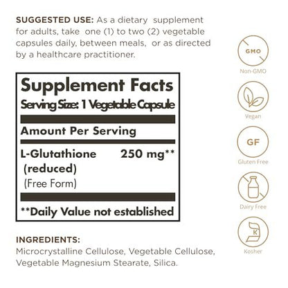 Solgar Reduziertes L-Glutathion 250 mg - 30 pflanzliche Kapseln - Antioxidative Unterstützung - Non-GMO, Vegan, Glutenfrei, Laktosefrei, Koscher - 30 Portionen
