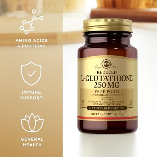 Solgar Reduziertes L-Glutathion 250 mg - 30 pflanzliche Kapseln - Antioxidative Unterstützung - Non-GMO, Vegan, Glutenfrei, Laktosefrei, Koscher - 30 Portionen