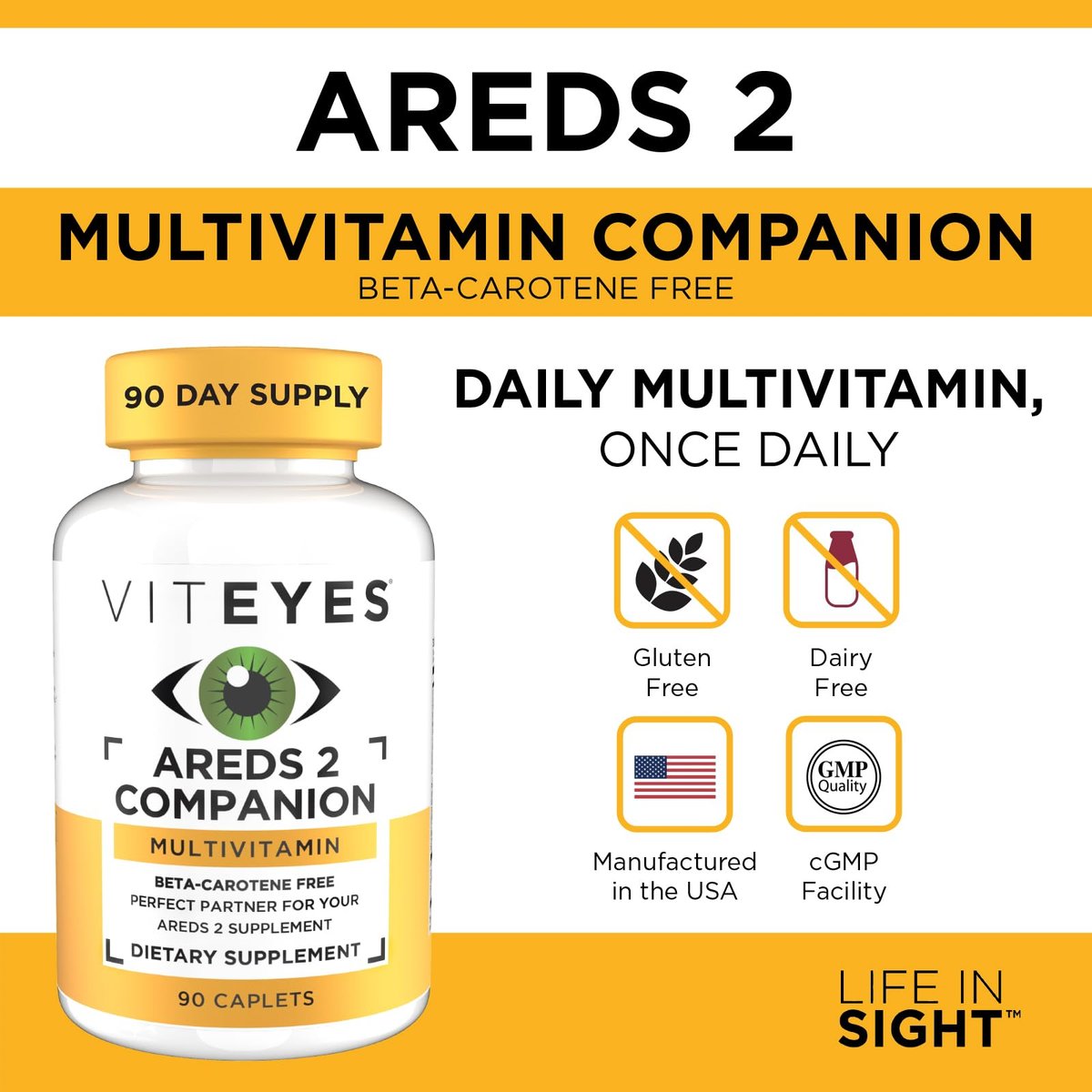Viteyes Classic AREDS 2 Companion Beta-Carotin-freies Multivitamin-Präparat, umfassende Multivitamin-Formel für AREDS-2-Anwender, 90 Tabletten