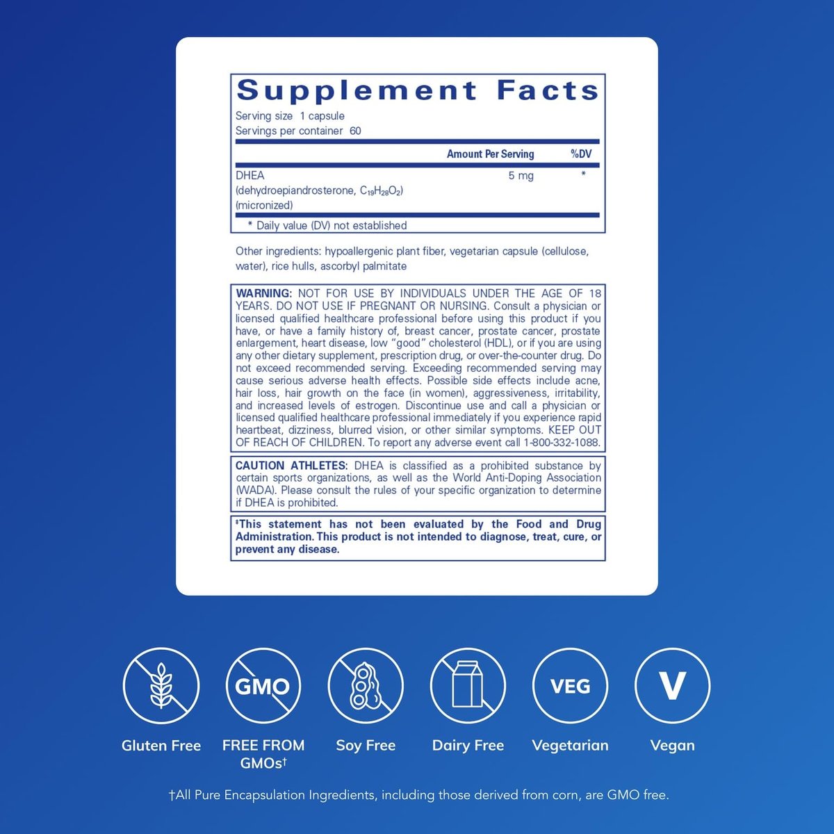 Pure Encapsulations DHEA 5 mg – Immununterstützung & Hormonbalance* – mikronisiertes DHEA – glutenfrei & vegan – 60 Kapseln