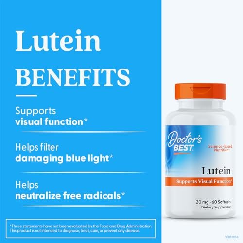 Doctor's Best Lutein 20 mg mit Zeaxanthin 1 mg – Augenvitamine für Männer & Frauen, Sehkraft- und Makulagesundheit, Kapseln mit Ringelblumenextrakt – 60 Softgels