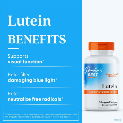 Doctor's Best Lutein 20 mg mit Zeaxanthin 1 mg – Augenvitamine für Männer & Frauen, Sehkraft- und Makulagesundheit, Kapseln mit Ringelblumenextrakt – 60 Softgels