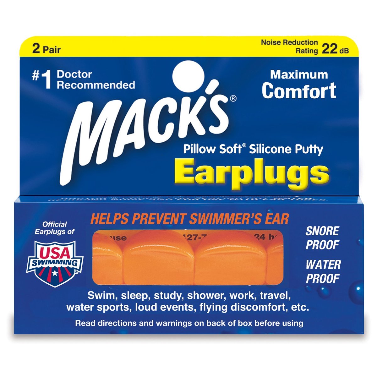 Mack’s Pillow Weiche Silikon-Ohrstöpsel – 2 Paar – Die Originalen Formbaren Silikonknet-Ohrstöpsel für Schlafen, Schnarchen, Schwimmen, Reisen, Konzerte und Lernen