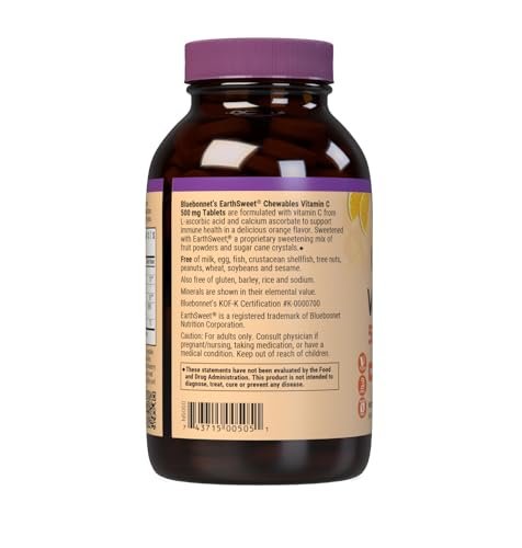 Bluebonnet Nutrition EarthSweet Vitamin C 500 mg – Hochdosiertes Vitamin C für Immunsystem & antioxidativen Schutz – Orangengeschmack – 90 Kautabletten – Glutenfrei, Vegan