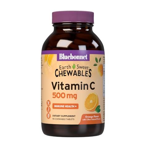 Bluebonnet Nutrition EarthSweet Vitamin C 500 mg – Hochdosiertes Vitamin C für Immunsystem & antioxidativen Schutz – Orangengeschmack – 90 Kautabletten – Glutenfrei, Vegan