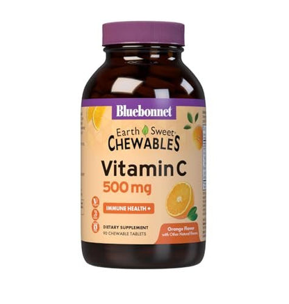 Bluebonnet Nutrition EarthSweet Vitamin C 500 mg – Hochdosiertes Vitamin C für Immunsystem & antioxidativen Schutz – Orangengeschmack – 90 Kautabletten – Glutenfrei, Vegan