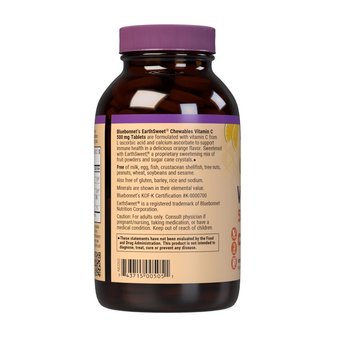 Bluebonnet Nutrition EarthSweet Vitamin C 500 mg – Hochdosiertes Vitamin C für Immunsystem & antioxidativen Schutz – Orangengeschmack – 90 Kautabletten – Glutenfrei, Vegan