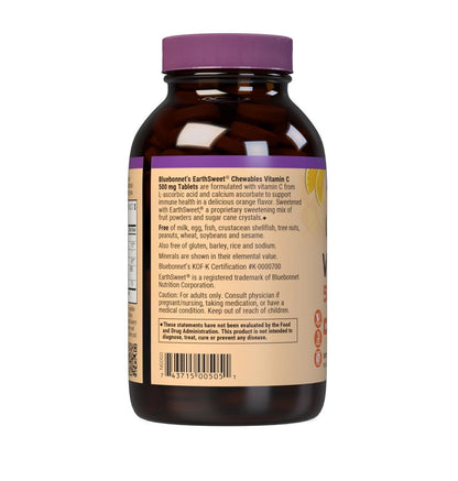Bluebonnet Nutrition EarthSweet Vitamin C 500 mg – Hochdosiertes Vitamin C für Immunsystem & antioxidativen Schutz – Orangengeschmack – 90 Kautabletten – Glutenfrei, Vegan