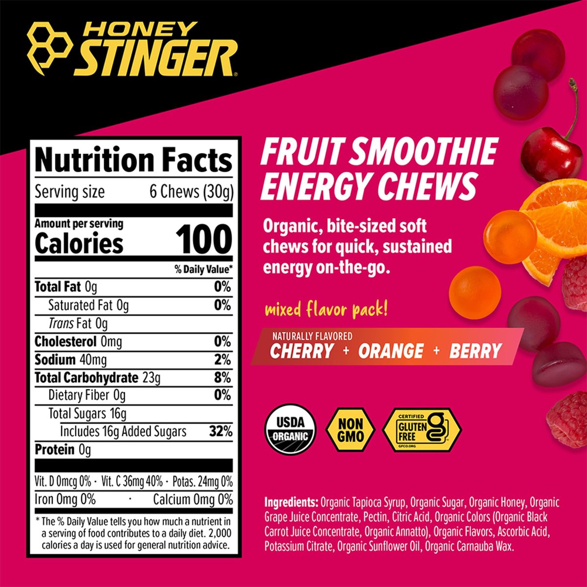 Honey Stinger Bio-Obst-Smoothie Energie-Kaugummi – Glutenfrei & koffeinfrei – für Training, Laufen & Sport – 21,6 Unzen (12er-Pack)