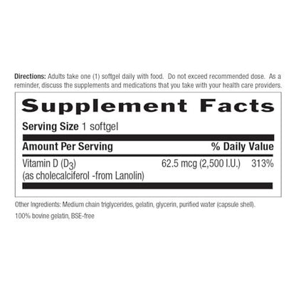 Country Life Vitamin D3 2500 IE – Hochdosiertes Vitamin D3 aus pflanzlicher Quelle für Knochenstärke, Immununterstützung & Kalziumaufnahme – Zertifiziert glutenfrei, 200 Softgels