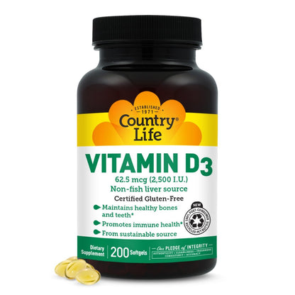 Country Life Vitamin D3 2500 IE – Hochdosiertes Vitamin D3 aus pflanzlicher Quelle für Knochenstärke, Immununterstützung & Kalziumaufnahme – Zertifiziert glutenfrei, 200 Softgels