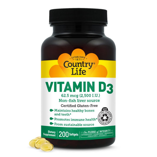 Country Life Vitamin D3 2500 IE – Hochdosiertes Vitamin D3 aus pflanzlicher Quelle für Knochenstärke, Immununterstützung & Kalziumaufnahme – Zertifiziert glutenfrei, 200 Softgels