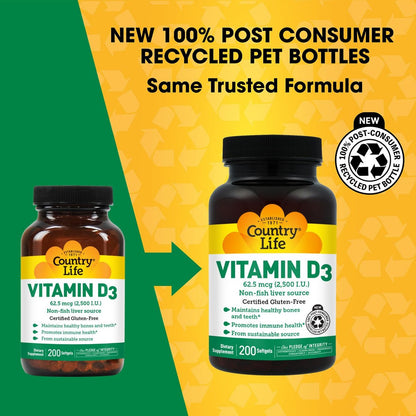 Country Life Vitamin D3 2500 IE – Hochdosiertes Vitamin D3 aus pflanzlicher Quelle für Knochenstärke, Immununterstützung & Kalziumaufnahme – Zertifiziert glutenfrei, 200 Softgels
