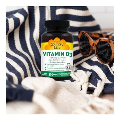 Country Life Vitamin D3 2500 IE – Hochdosiertes Vitamin D3 aus pflanzlicher Quelle für Knochenstärke, Immununterstützung & Kalziumaufnahme – Zertifiziert glutenfrei, 200 Softgels