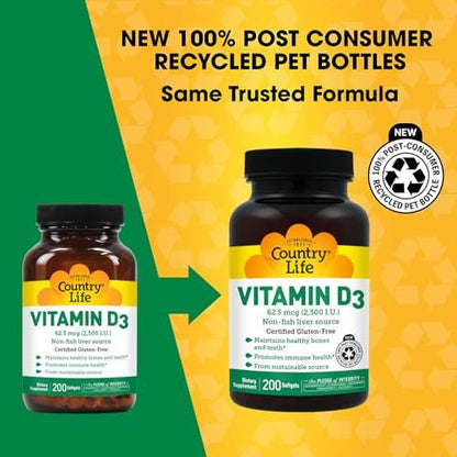 Country Life Vitamin D3 2500 IE – Hochdosiertes Vitamin D3 aus pflanzlicher Quelle für Knochenstärke, Immununterstützung & Kalziumaufnahme – Zertifiziert glutenfrei, 200 Softgels