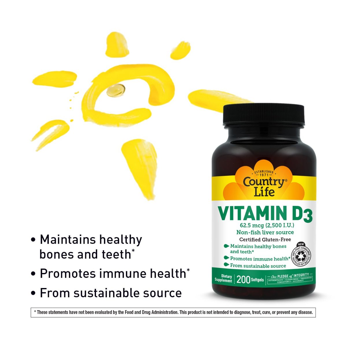 Country Life Vitamin D3 2500 IE – Hochdosiertes Vitamin D3 aus pflanzlicher Quelle für Knochenstärke, Immununterstützung & Kalziumaufnahme – Zertifiziert glutenfrei, 200 Softgels