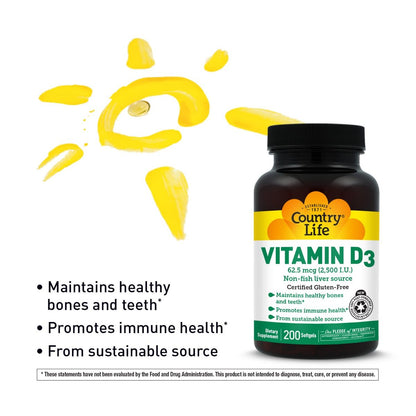 Country Life Vitamin D3 2500 IE – Hochdosiertes Vitamin D3 aus pflanzlicher Quelle für Knochenstärke, Immununterstützung & Kalziumaufnahme – Zertifiziert glutenfrei, 200 Softgels
