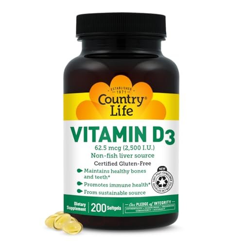 Country Life Vitamin D3 2500 IE – Hochdosiertes Vitamin D3 aus pflanzlicher Quelle für Knochenstärke, Immununterstützung & Kalziumaufnahme – Zertifiziert glutenfrei, 200 Softgels