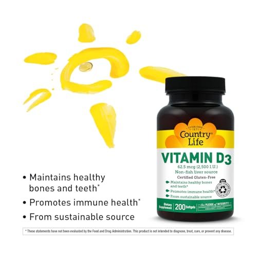 Country Life Vitamin D3 2500 IE – Hochdosiertes Vitamin D3 aus pflanzlicher Quelle für Knochenstärke, Immununterstützung & Kalziumaufnahme – Zertifiziert glutenfrei, 200 Softgels