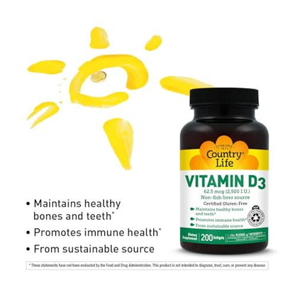 Country Life Vitamin D3 2500 IE – Hochdosiertes Vitamin D3 aus pflanzlicher Quelle für Knochenstärke, Immununterstützung & Kalziumaufnahme – Zertifiziert glutenfrei, 200 Softgels