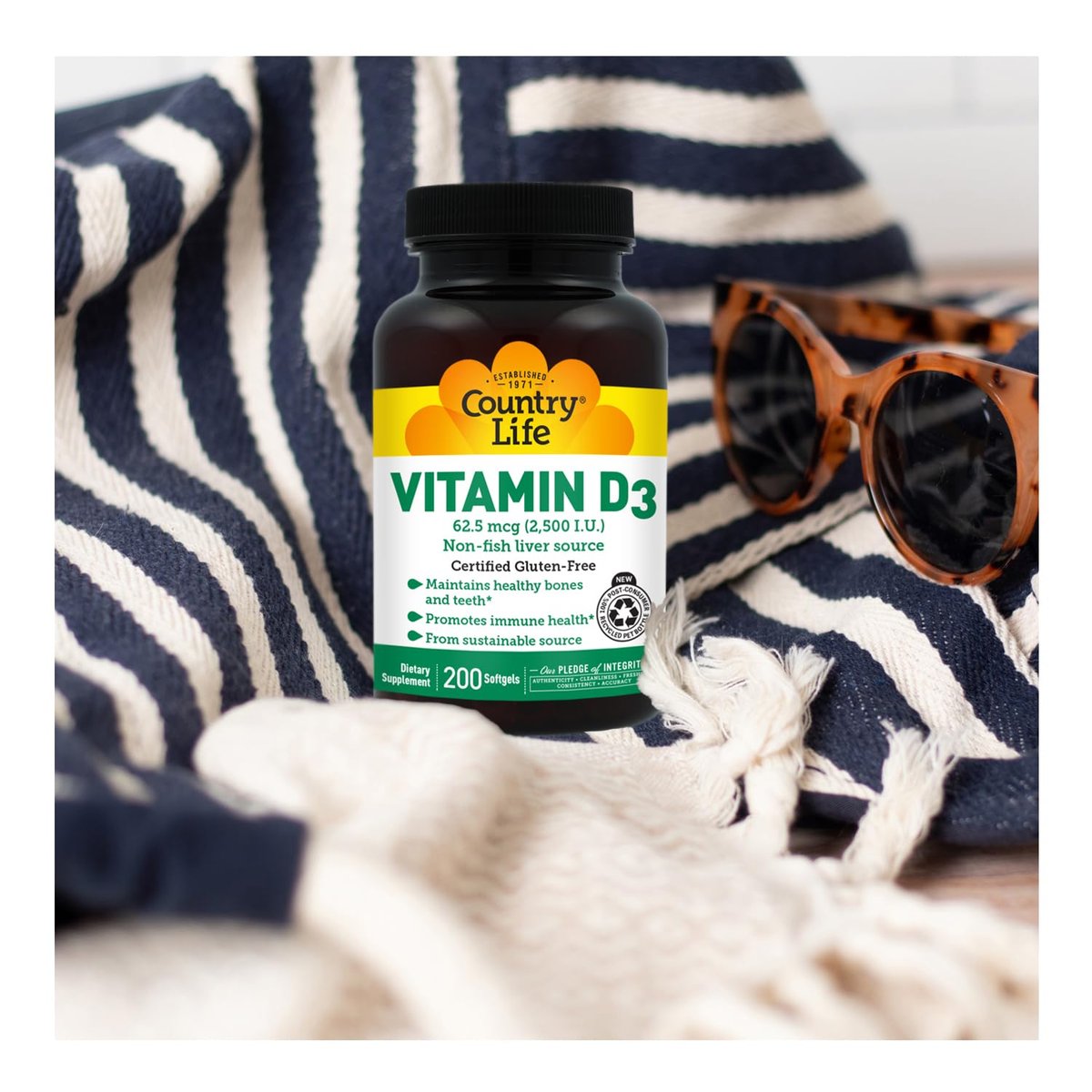 Country Life Vitamin D3 2500 IE – Hochdosiertes Vitamin D3 aus pflanzlicher Quelle für Knochenstärke, Immununterstützung & Kalziumaufnahme – Zertifiziert glutenfrei, 200 Softgels