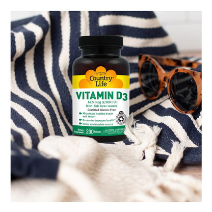 Country Life Vitamin D3 2500 IE – Hochdosiertes Vitamin D3 aus pflanzlicher Quelle für Knochenstärke, Immununterstützung & Kalziumaufnahme – Zertifiziert glutenfrei, 200 Softgels