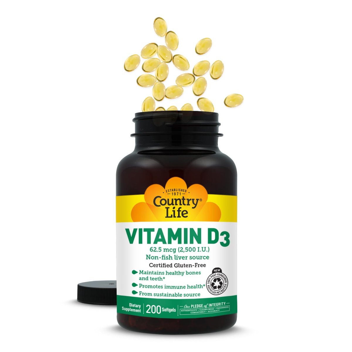 Country Life Vitamin D3 2500 IE – Hochdosiertes Vitamin D3 aus pflanzlicher Quelle für Knochenstärke, Immununterstützung & Kalziumaufnahme – Zertifiziert glutenfrei, 200 Softgels