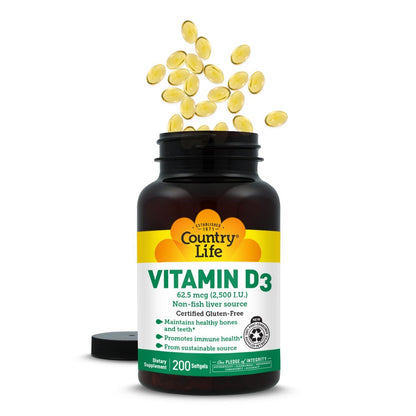 Country Life Vitamin D3 2500 IE – Hochdosiertes Vitamin D3 aus pflanzlicher Quelle für Knochenstärke, Immununterstützung & Kalziumaufnahme – Zertifiziert glutenfrei, 200 Softgels