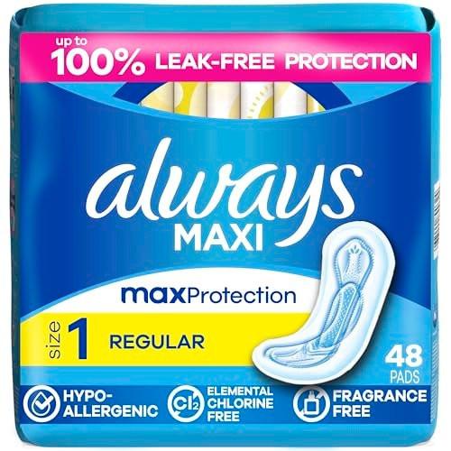 Always Maxi Damenbinden ohne Flügel für Frauen, Größe 1, Reguläre Saugfähigkeit, unparfümiert, 48 Stück