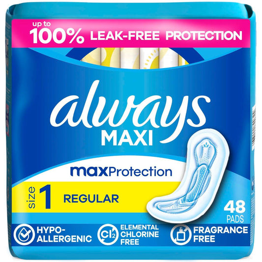 Always Maxi Damenbinden ohne Flügel für Frauen, Größe 1, Reguläre Saugfähigkeit, unparfümiert, 48 Stück