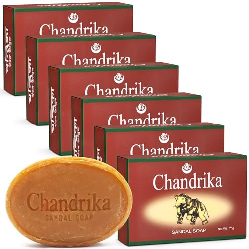 Chandrika Sandelholz-Seife | Organische Seife mit Pflanzenöl | 100% natürlich für Männer und Frauen | Vegan für alle Hauttypen | Handgefertigt | Kräuter-Seifenstücke - 75 g | 6er-Pack